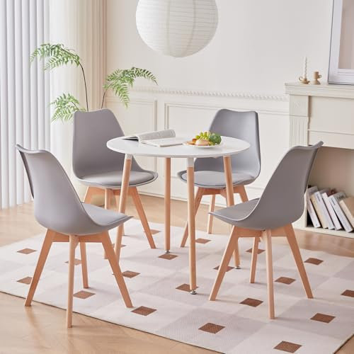 DEYARNA HOME Essgruppe 5-Teilig, Esstisch und 4 Esszimmerstühle, 80cm runder Tisch und 4 Stühle für Esszimmer, Wohnzimmer, Balkon, Cafe, Büro und so Weiter (weißer Tisch+graue Stühle, 80 * 80 * 75cm)