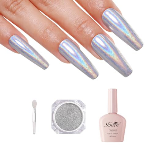 Imtiti Holographic Silver Chrome Nail Powder Kit,1g Holo Iridescent Silver Meatllic Mirror Effect Powder with 10ml White Color Gel Polish Metal Nail UV DIY Kit