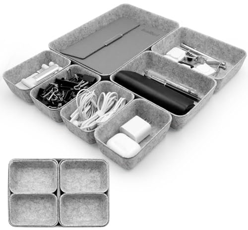 Criveple 7 Pièces Organiseur de Tiroir de Bureau, Rangement Tiroir en Feutre Écologique, Empilable Organiseur de Rangement pour Cosmétique, Table de Maquillage, Armoire et Commode (Gris Clair)