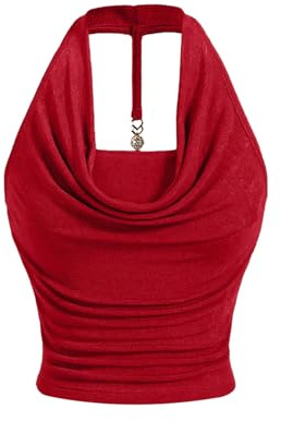 GORGLITTER Women's Ruched Halter Neck Top Going Out Tops | Cowl Neck, Draped Metal Decor, Sleeveless, Sparkly Top, Summer Tops for Concert, Party, Night Out, Festival