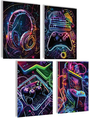mojoliving Poster Anime Set Bilder für Manga Wall Anime Poster für japanische Deko Zimmer Aesthetic Bilder für Wand Collage (Neon Gaming Art, Posterset 4x A4 (21x30cm) | ohne Rahmen)
