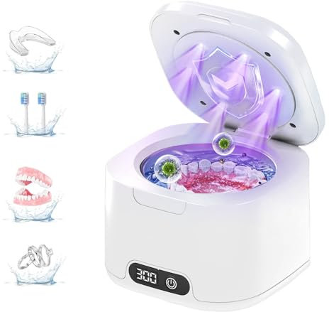 Ultrasonic Retainer Cleaner with UV, 300ML, 49kHz, Dental Cleaning Pod for Dentures, Aligners, Night Guards, Braces, Toothbrush Heads, Jewelry, Mouth Guard, 4 Modes with Digital Timer