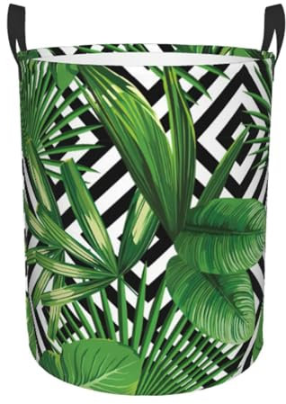 Panier à linge sale circulaire avec feuilles vertes de palmier - Plante tropicale - Seau de rangement pour vêtements ménagers