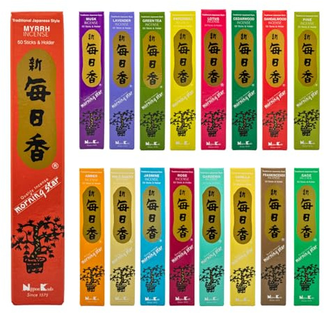 Morning Star Räucherstäbchen Set | Alle Düfte 17 x 50 Sticks | Japanische Räucherstäbchen Nippon Kodo ohne Holzkern für intensiven Duft, 850 Sticks mit Halterung