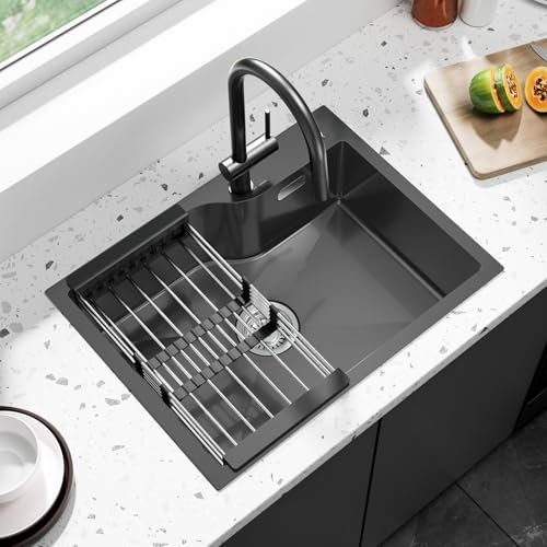 ANYCEE Fregaderos Acero Inoxidable 60x45 cm, Fregadero Negro 1 Seno con Orificio y Cesto, Fregadero Cocina Encastrados o Sobre Encimera para Mueble de 60cm, Incluye Sifón y Filtro de Drenaje
