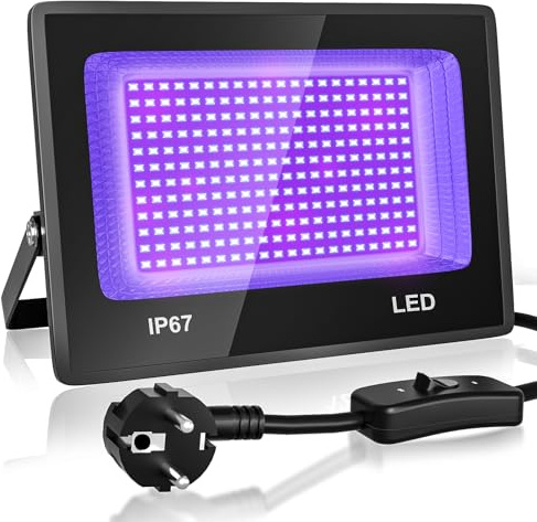 CREATESTAR 100W Faretto UV LED,IP67 Impermeabile Luce Nera UV,385-400nm LED Luce Nera, Lampada uv Con Interruttore per Halloween, Pittura Del Corpo, Poster Fluorescente, Bar, Acquario(1PC)