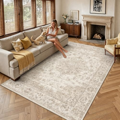 PureCozy Teppich Wohnzimmer 300x400cm Beige Waschbarer Teppiche | Weich Kurzflor Groß XXL Carpet, Rutschfest, Leicht, Schlafzimmer, Esszimmer, Büro, Kinderzimmer