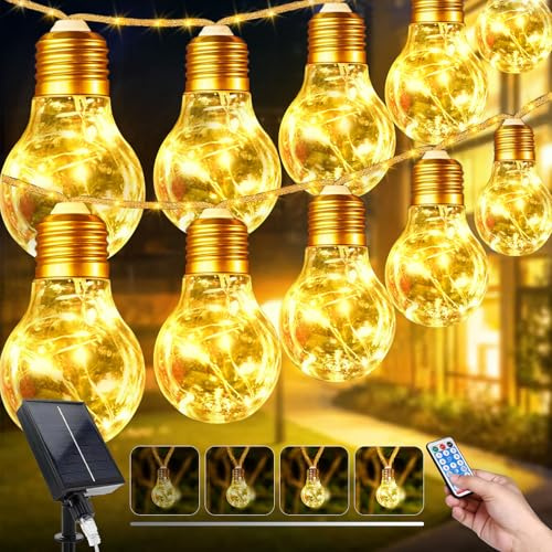 5M Solar Lichterkette Aussen mit 10 Glühbirnens, 149 LEDs 8 Modi Lichterkette LED Außen Strom Outdoor, Vintage Solarlichterketten mit Hanfseil, Terrasse String Lights Wetterfest für Party Dekoration