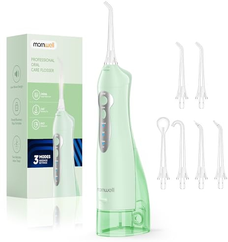 Mornwell Munsköljare Sladdlös, Tandvattenspruta 3 Lägen, IPX7 300ml Grön | Hydropulzer & Irrigator, 6 Sprutmunstycken, 1400 Pulsationer/min, 75s Flöde, 30 Dagar, USB-laddning, Duschsäker