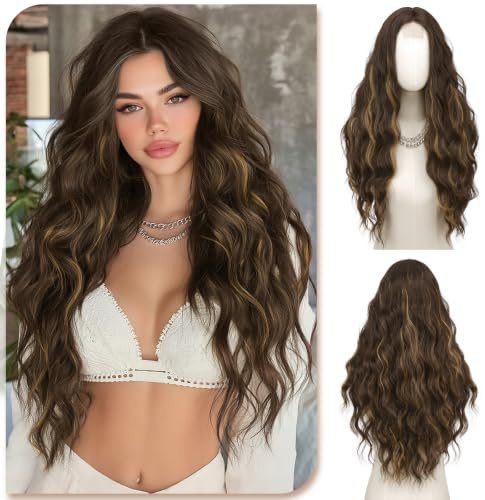 Sofeiyan Perücke Damen,70 cm Lange Mittelscheitel Perücken | Gewellte Wellig Perücke,Hitzebeständige Synthetische Haar Lockige für Alltag Cosplay Karneval,Dunkelbraun Gold Strähnen