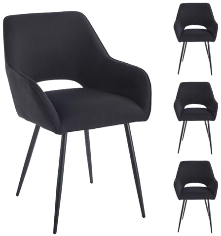 4er Set Esszimmerstühle Modern: Ergonomische Velours Küchenstuhl mit Armlehnen Rückenlehne Schwarze Metallbeine Komfortabel für Esszimmer Wohnzimmer Küche - Einfache Montage (4, Schwarz)