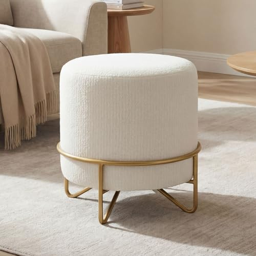 Ya-Home Runder Ottoman Chenille, Schminkhocker, runder Sitzhocker, Polsterhocker, Fußhocker für Wohnzimmer Schlafzimmer Flur, Ø 34 x 37 cm, Weiß