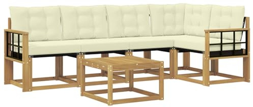 vidaXL Outdoor-Sofagarnitur mit Kissen 6 pcs Weiß und Creme, Akazien Outdoor Sofa Set, modische Möbel für Terrasse, wetterfester Couch, entspannende Sitzgruppe im Garten