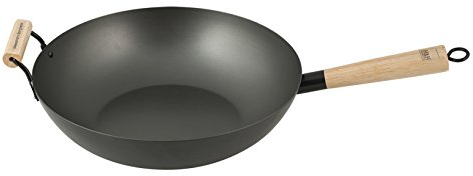 H&H Alessandro Borghese, Padella Wok Antiaderente con Manico e Presa in Legno, da 32 cm, Alluminio, Nero