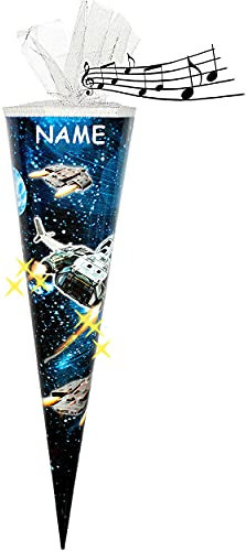 alles-meine.de GmbH Sound Modul & LED Licht Effekt ! - Schultüte - Weltraum - Space - 85 cm / 6 eckig - incl. Namen - Tüllabschluß - Zuckertüte - mit/ohne Kunststoff Spitze..