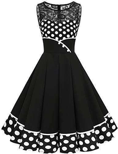 Bbonlinedress Rockabilly Kleider Damen Winterkleid Abendkleider elegant für Hochzeit Jugendweihe Kleider Vintage Kleider Cocktailkleid Black White BDot L