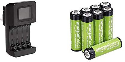 Amazon Basics Intelligent Digital Battery Charger for 4 AA, AAA & AA Rechargeable Batteries, Pre-charged - Pack of 8 (Appearance may vary)