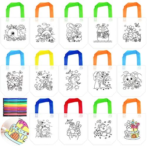JJQHYC 14 Stück Graffiti Taschen zum Selbst Bemalen, Taschen Bemalen für Kinder Kindergeburtstag Kindergarten Non-Woven Tasche Geschenktüten