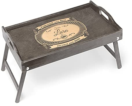 Maverton Betttablett mit Gravur - personalisiert - Sofatisch mit Griffen - klappbar - erhöhter Rand - Geburtstagsgeschenk für Frauen - Einzugsgeschenke - Grau - Frühstücken