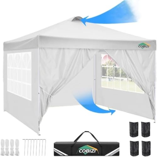 COBIZI Tonnelle Pliante 3x3 Imperméable, Anti-UV Barnum Pliant 3x3 Professionnel, Robuste Tonnelle de Jardin Exterieur avec 4 Côtés et 4 Sacs, pour Camping, Plage, Mariage, Fête, Festival(Blanc)