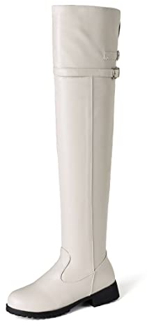 REKALFO Stivali da donna in morbida pelle per il freddo Stivali sopra il ginocchio con fibbia Tacco piatto Stivali a punta tonda bianco 46 EU