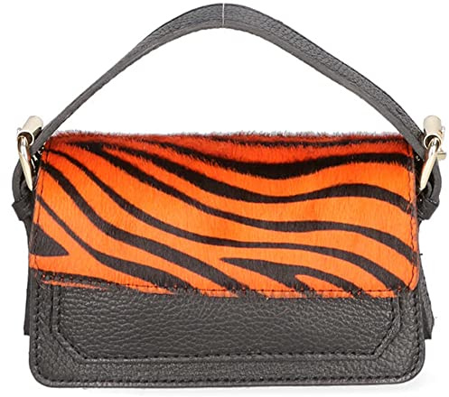 Clutch mit Einzelfach für Damen, abnehmbarer Schultergurt. Italienisches Kunsthandwerksprodukt aus echtem Dollaro + Cavallino-Leder. Hergestellt in Italien GLX220485823FBG-ZEBRA_ORANGE 18x11x6,50 cm