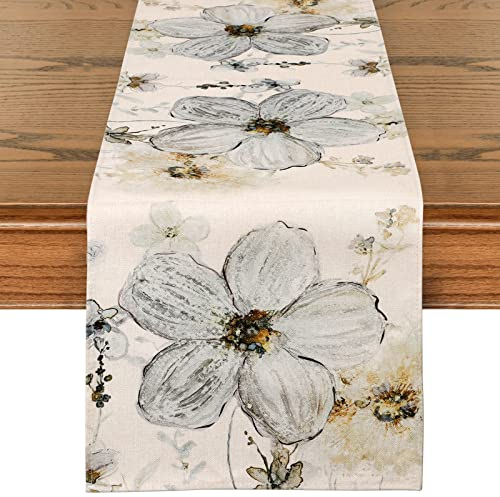 Weldomcor Tischläufer Beige Blume 32x180cm Waschbare Tischdecke Floral Pflanzen Tischläufer Sommer Dekorativer Tischläufer Modern für Esszimmer Küche Bauernhaus Hochzeit Geburtstag Draussen