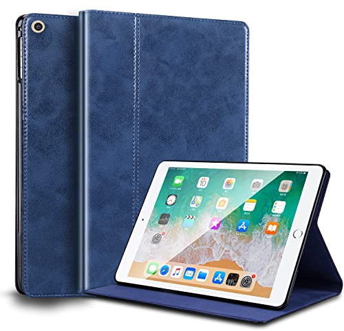 Gexmil Hülle für iPad 9./8./7. Generation 2021/2020/2019 10,2 Zoll Echt Leder Hülle Anti-Fingerabdruck,Automatischer Schlaf/Aufwachen,Einstellbarer Ständer,Blau
