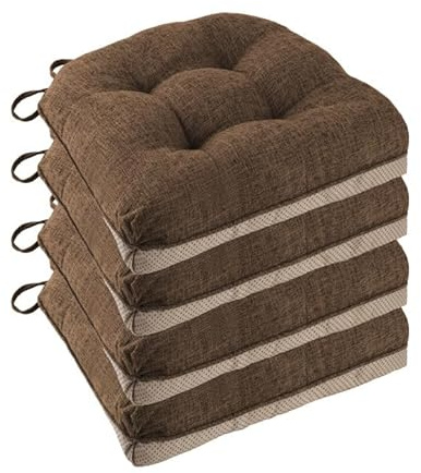 FlyGulls Non Slip Chair Cushions for Dining Chairs Set of 4 Kitchen Chair Cushions 18x18x3 Turfted Chair Pads Comfortable and Soft Seat Cushion with Ties, Coffee