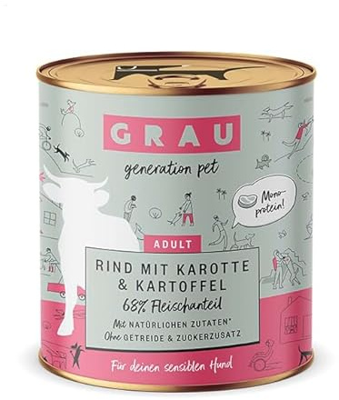 GRAU – das Original – Nassfutter für Hunde - Rind mit Karotte & Kartoffel, 6er Pack (6 x 800 g), Monoprotein, getreidefrei, für Sensible Erwachsene Hunde