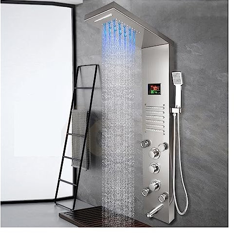 Set miscelatore doccia termostatico Pannello doccia con display digitale in nichel spazzolato grigio scuro, Colonna doccia a cascata con pioggia a LED, Rubinetto miscelatore doccia per vasca (Spazzola