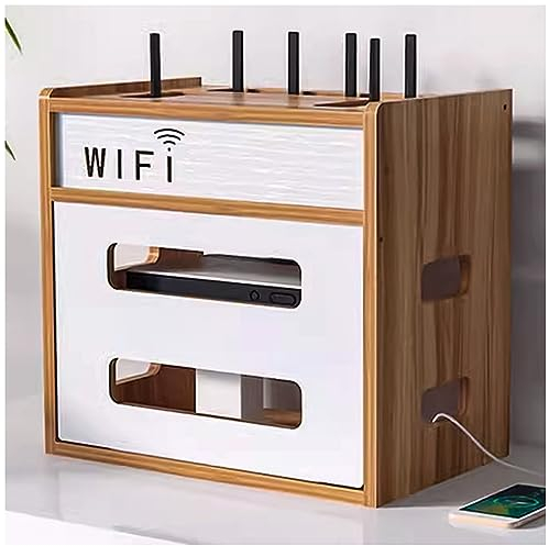 KiLoom Router-Aufbewahrungsbox, Desktop-Power-Router-Zäune, mehrschichtiges WLAN-Aufbewahrungsregal aus Holz, mit Fernbedienung, Set-Top-Box-Aufbewahrungsregal (Farbe: Braun, Größe: 34 x 21 x 32 cm)