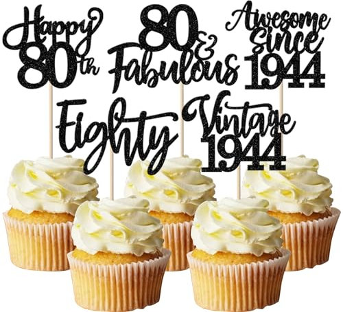 30 Stück Vintage 1945 Tortendeko Glitzer Happy 80th Eighty Awesome Since 1945 Cupcake Toppers 80 Fabulous Kuchen Deko für 80. Geburtstag Hochzeitstag Party Kuchen Dekorationen Schwarz