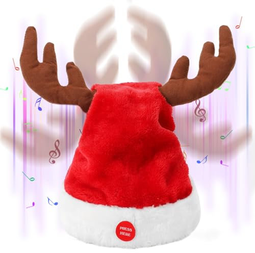 SdeNow Interaktive tanzende musikalische Weihnachtsmannmützen mit schwingendem Rentiergeweih, lustige, elektrisch singende Weihnachtsmütze für Party-Dekoration, Erwachsene und Kinder