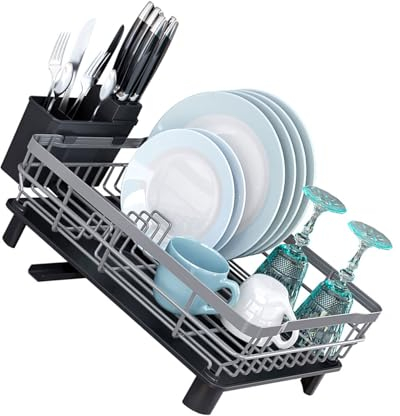 TRHEEE Escurridor de platos para encimera de cocina, escurridor de platos con soporte extraíble para utensilios, bandeja de escurridor, organizador de boquilla, estante compacto para platos