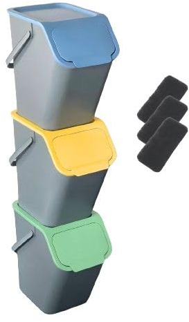 Go Practic 3-er Set Mülleimer und 3-Pack Bioaktivkohlefilter Stapelbox Klick-Deckel Abfalltrennsystem Küche Mülltrennung Abfallsystem Müllkorb mit Deckel Abfallbehälter 3 Farben je 25L