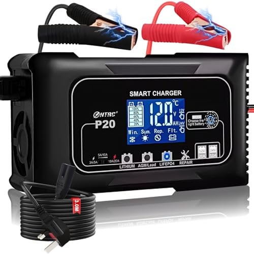 20-Amp Car Battery Charger,12V/24V Lithium Smart lifepo4 Battery Charger Maintainer Trickle Charger Battery Maintainer for Car Boat Motorcycle Lawn Mower ATV and Lead-Acid(AGM, Gel, MF, EFB, SLA, Wet)