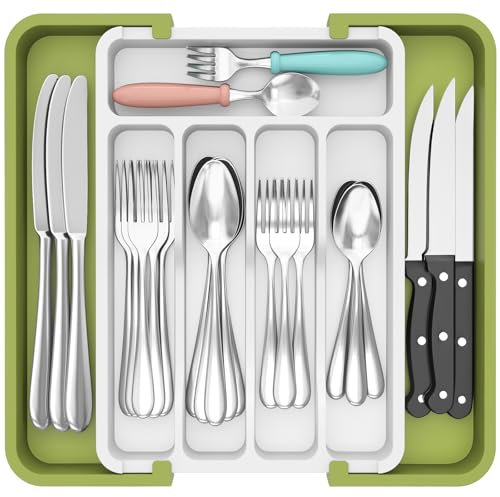 Lifewit Cutlery Drawer Organiser, Extendable Cutlery Tray,8 Compartment, Kitchen Utensil Drawer Organiser for Spoons Forks Knives, Green& White