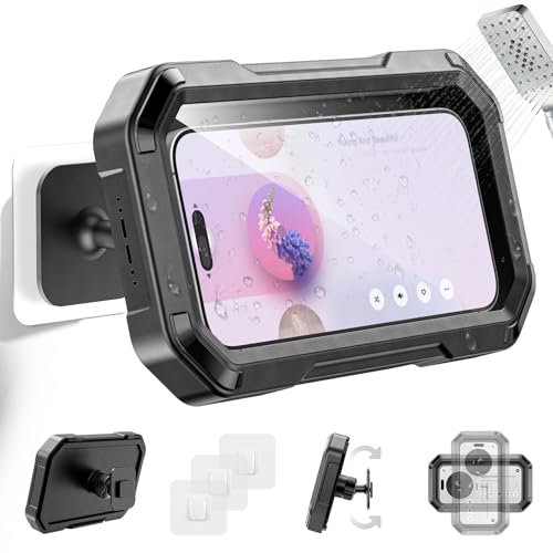KDD Support de Téléphone de Douche Etanche - Rotation à 360°, Etui Détachable pour Téléphone, Support Téléphone Mural, Accessoires Miroir, Salle de Bain, Baignoire pour Smartphone 4-6.7”