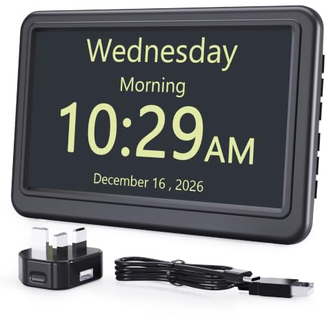 ROCAM Digital Clock with Date and Day, Plug in Electric Digital Calendar with 12 Themes, 20 Custom Alarms and 18 Ringtones, Auto-Dimmer, 7 Dementia Clock Ideal for Elderly Teens Adults