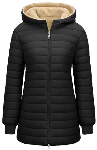 RITOSTA Women's Long Coats Winter Puffer Jackets Ladies Quilted Padded Coat Outdoor Down Jacket Fleece Lined Warm Parka Zip Up Hoodies Casual Long Sleeve Outwear with Pockets Hooded(Black,M)
