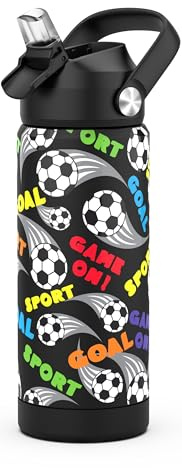 Boys Water Bottle with Straw,550 Ml Kids Insulated Cups with Stainless Steel Leak Proof for School,Sport&Travel (Football)