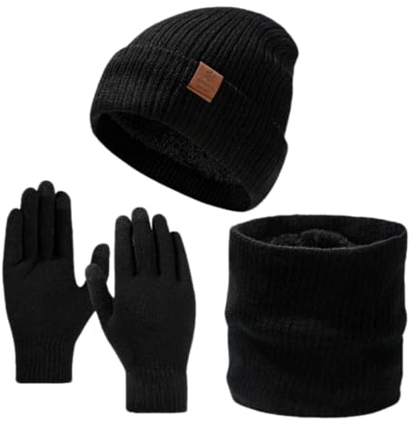 Sprießen Mütze, Schal Und Handschuh-Sets Für Herren Damen, Touchscreen Handschuhe, Innenfutter Warm Beanie Mütze, Runder Schal, Für Kaltes Wetter 3-In-1 Geschenk Set
