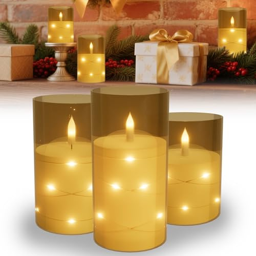 YRHome 3PCS LED Kerzen Flammenlose Kerzen Stumpenkerzen für Tischdeko Garten Terrasse Dekoration - Gold