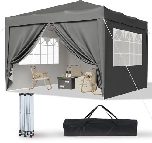 Aoxun Pop Up Pavillon 3x3 Wasserdicht mit 4 Seitenwänden, Metallrahmen-Schutzzelt, Höhe Verstellbar, 3mx3m Faltpavillon mit Tragetasche für Camping Party, Grau