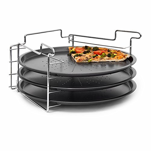 Relaxdays Non-Stick Pizza Baking Set 3 Pans With Holder Oven Cook Bake Pizza Rack Trays, 33 cm diameter, Grey