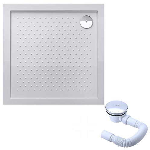 doporro Plato de ducha plano antideslizante blanco Lucia01 80x80x4cm adecuado para instalación a nivel del suelo y conexiones-DIN incl. válvula de desagüe AL01