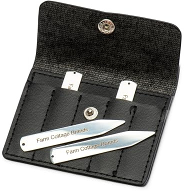 Farm Cottage Brands Four Stainless Steel Shirt Collar Stiffeners/Collar Stays in a Black Leather Wallet