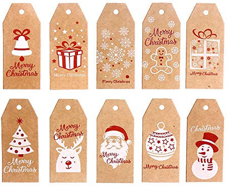 LOKIPA 100Pieces 10 Styles Christmas Kraft Present Gift Tags Hang Labels with 100 Feet Cotton String and 100 Feet Natural Jute String (Brown)