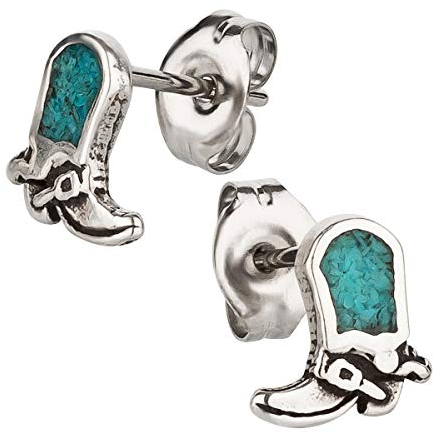Ohrstecker Ohrringe Cowboy Stiefel Silber 925 Sterling Türkis Inlay als Ohrschmuck mit kleiner Schmuckbox - 7K - Indianer Schmuck Geschenke für Damen, Mädchen, Jungen, Kinder und Herren